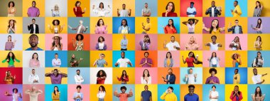 Çeşitli bireylerden oluşan bir derleme renkli geçmişlere karşı çeşitli duygu ve ifadeler sergiliyor. Her insan bu canlı kolaja eşsiz bir titreşim getiriyor, çeşitliliği kutluyoruz..