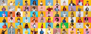 Renkli portrelerde farklı bireylerden oluşan bir grup kendini neşeyle ifade ediyor. Her insan eşsiz stil ve karakterini sergiler, canlı ve çok ırklı bir toplumu yansıtır..