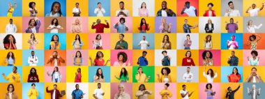 Çeşitli bireylerden oluşan canlı bir koleksiyon renkli geçmişlere karşı çeşitli yüz ifadeleri ve jestler sergiliyor. Her insan, çok ırklı birlikteliği kutlamak için eşsiz bir enerji getirir..