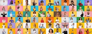 Canlı bir kolajda gülümseyen, poz veren ve hayatı kutlayan çeşitli bireyler sergileniyor. Her portre, parlak arka planlara karşı çok ırklı kimliklerin neşe ve benzersizliğini vurgular..