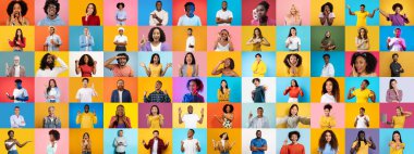 Renkli bir kolaj çeşitli duygu ve jestleri ifade eden farklı bireylerden oluşan bir grup sunar..