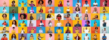 Canlı bir kolaj, çeşitli duyguları ifade eden ve parlak arka planlara karşı farklı faaliyetlerde bulunan farklı bireylerden oluşan bir grup sunar..