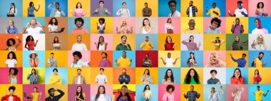 Canlı bir koleksiyonda, her biri renkli arkaplanlara karşı duygu ve bireyselliği tasvir eden çeşitli arkaplanlardan çeşitli yüzler sergileniyor..