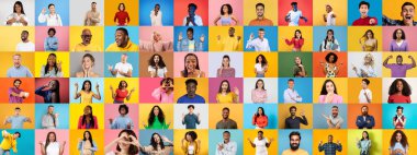 Renkli bir koleksiyonda, mutluluk ve bağlantı ifade eden çeşitli bireyler sergileniyor. Bu portre, aydınlık ve neşeli bir atmosferde birleşmeyi kutlayan çok ırklı yüzleri vurguluyor..