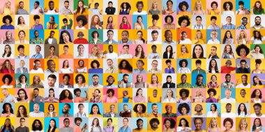 Çeşitli arka planların yüzleri canlı bir kolajda sergilenir. Her insan farklı tarzlar giyer, bireyselliği ve çeşitliliğin güzelliğini canlı bir ortamda vurgular..