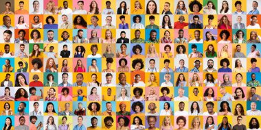 Canlı bir kolaj, her bir portrede benzersiz ifadeler bulunan çeşitli geçmişlerden farklı bireyleri sergiliyor. Koleksiyon, farklı kültürler arasındaki birliği canlı renklerle vurguluyor..