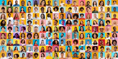 Çeşitli geçmişlerden farklı bireylerin yer aldığı renkli bir kolaj, çeşitliliği ve paylaşılan deneyimleri kutluyor.