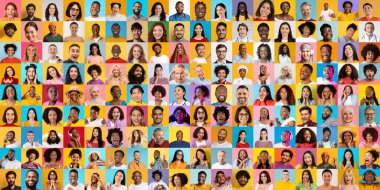 Mutluluk ve çeşitliliği ifade eden çeşitli geçmişlerden insanların olduğu canlı bir portre kolajı. Bu uluslararası koleksiyon çok çeşitli yüz ve duyguları ön plana çıkararak birliğin sağlanmasını sağlıyor..