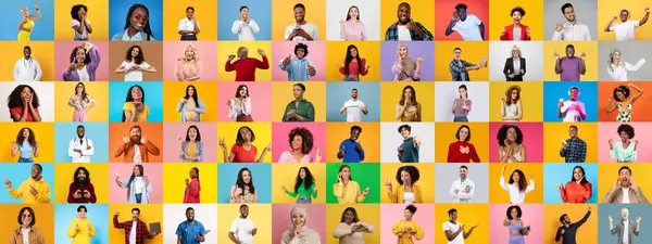 Çeşitli bireylerden oluşan canlı bir koleksiyon renkli geçmişlere karşı çeşitli yüz ifadeleri ve jestler sergiliyor. Her insan, çok ırklı birlikteliği kutlamak için eşsiz bir enerji getirir..