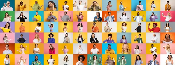 Bu canlı kolaj çeşitli duyguları ifade eden bireylerin çeşitli bir koleksiyonunu gösteriyor. Her insan, modern hayattaki çeşitliliğin güzelliğini vurgulayarak parlak arka planlara karşı durmaktadır..