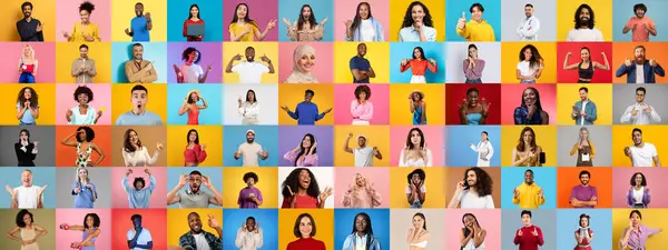 Canlı bir portre koleksiyonu, çeşitli bireylerin neşe ve pozitifliği yansıtıyor..