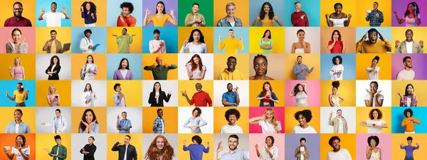 Canlı bir koleksiyonda farklı yüz ve stiller, izole edilmiş, renkli arkaplanlara karşı kurulmuş, yaşam tarzı ve bağlantı temalarının merkezindeki çeşitli ifadeler gösterilir..