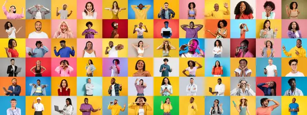 Canlı bir kolaj, renkli arka planlara karşı neşe ve yaratıcılık ifade eden çeşitli bireyleri içerir. Set, çeşitli yaşam tarzlarının ve çeşitlilikteki birliğin kutlanmasını vurguluyor..