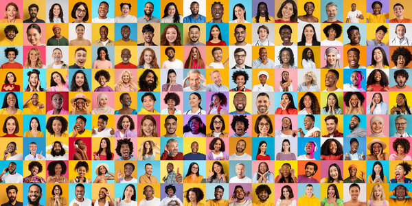 Яркий портретный коллаж, изображающий людей с разных сторон, выражающих счастье и разнообразие. Эта международная коллекция подчеркивает широкий спектр лиц и эмоций, способствуя единству.