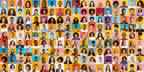 Bu kolaj çeşitli arkaplanları temsil eden çeşitli yüzler dizisini içerir.