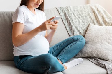 Hamilelik Takip Uygulaması. Gülümseyen Hamile Kadın Evde Akıllı Telefon Kullanıyor, Bebek Blog 'u okuyor ya da internette geziniyor, Mutlu Bekleyen Kadın Oturma Odasında Cep Telefonu ile Rahatlıyor, Boş Alan