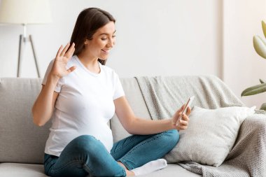 Çevrimiçi İletişim. Neşeli genç hamile kadın evde akıllı telefonuyla video görüşmesi yapıyor, arkadaşlarıyla konuşuyor, kameraya el sallıyor, merhaba diyor, oturma odasında koltukta oturuyor, boş bir alan arıyor,