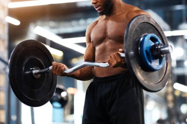 Atletik siyah adam halter ya da ağırlık kaldırıyor, kollar ve göğüs kasları üzerinde çalışıyor, kopyalama alanı üzerinde çalışıyor. Modern spor salonunda ağır halterlerle egzersiz yapan kaslı Afrikalı Amerikalı vücut geliştirici.