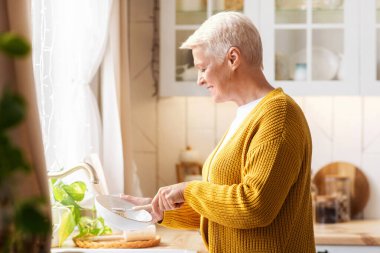 Mutfakta bulaşık yıkayan, kısa saçlı, mutlu, yaşlı bir kadının yan görüntüsü. Pozitif yaşlı ev hanımı, sıcak beyaz mutfakta tabak ve kâseleri fırçayla yıkıyor.