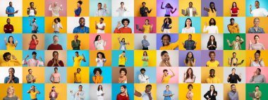 Canlı bir kolaj, çeşitli geçmişlerden gelen farklı bireylerden oluşan bir grup sunar. Her portre renkli arkaplanlara karşı neşeli ifadeler ve dinamik jestler yakalar..