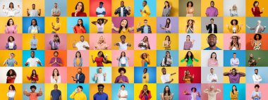 Canlı bir koleksiyonda, renkli arka planlara karşı çeşitli duygu ve jestler sergileyen farklı bireylerden oluşan bir grup yer alıyor. Bu kolaj çeşitliliğin ve birliğin güzelliğini yansıtır..