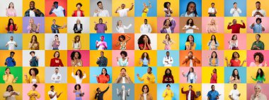 Canlı bir portre koleksiyonu çeşitli bireyler içerir. Her insan mutluluk ifadeleri sergiliyor, çok ırklı geçmişleri arasında bir birlik ve bağlantı hissi yakalıyor..