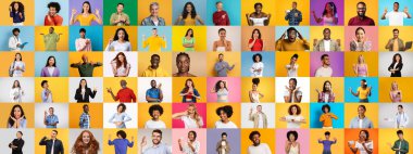 Canlı bir koleksiyonda çeşitli yüz ifadeleri ve parlak arka planlara karşı jestler sergileyen farklı bireyler sergileniyor..