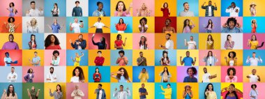 Bu kolaj, renkli arka planlara karşı çeşitli yüz ifadeleri ve jestler sergileyen çeşitli bireylerin canlı bir koleksiyonunu içeriyor..