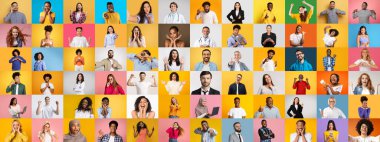 Canlı bir kolaj, çeşitli neşeli ifadeler sergileyen farklı bireylerden oluşan bir grup sunar. Her portre, çeşitlilikteki birliği vurgulayarak eşsiz yaşam tarzlarını ve kültürel geçmişlerini yansıtır..