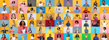 Çeşitli ifadeler ve jestler sergileyen farklı bireylerden oluşan canlı bir kolaj. Çok ırklı yüzler, canlı ve renkli bir ortamda benzersizliği vurgular..