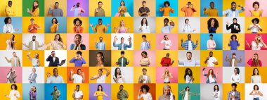 Çeşitli bireylerin jestlerle neşe ve yaratıcılıklarını ifade ettiği canlı bir portre koleksiyonu..