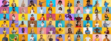 Değişik geçmişlerden gelen farklı bireylerden oluşan canlı bir koleksiyon, renkli arka planlara karşı eşsiz ifadelerini ve faaliyetlerini sergiliyor..