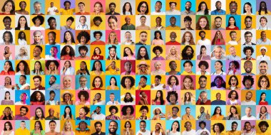 Canlı bir koleksiyonda çeşitli bireyler mutluluk ve heyecan gibi çeşitli duygular sergiliyor..