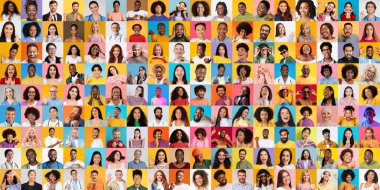 Renkli arka planlara karşı gülümseyen ve kendilerini ifade eden farklı bireylerden oluşan bir kolaj.