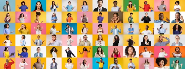 Parlak, renkli arka planlara karşı çeşitli ifadeler ve jestler sergileyen çeşitli bireylerden oluşan bir derleme..