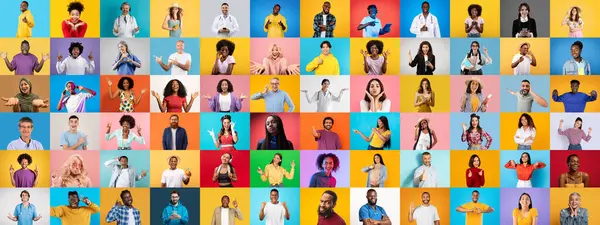 Canlı bir kolaj, çeşitli bireyleri neşeli ifadeler ve jestler paylaşarak sunar..