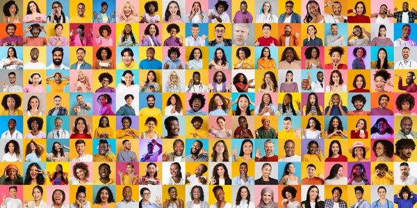 Bu canlı kolaj, farklı yüz ifadeleri olan farklı bir grup bireyi gösteriyor, çok ırklı yaşam tarzlarının güzelliğini vurguluyor..