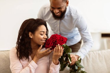 Tatille Selamlama. Mutlu Afrikalı Amerikalı kız arkadaşı, gülümseyen erkek arkadaşından bir buket kırmızı gül alıyor, evdeki kanepede oturan çiçekleri kokluyor. Aşk, İlişki