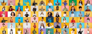Çeşitli yüz ifadeleri ve jestler sergileyen farklı bireylerden oluşan canlı bir koleksiyon. Her portre renkli arkaplanlara karşı hazırlanan eşsiz arka plan ve deneyimleri yansıtır..