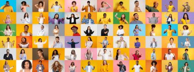 Çeşitli geçmişlerden, gülümseyen ve neşeyi ifade eden renkli bireyler koleksiyonu. Bu canlı yaşam tarzı kolajı birliği, enerjiyi ve çok ırklı temsil etmenin güzelliğini yakalar..