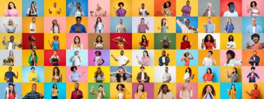 Canlı bir koleksiyonda, neşe ve yaşam tarzını ifade eden çeşitli insanlar yer alıyor. Her portre, renkli arkaplanlara karşı farklı arkaplan ve duyguları temsil ederek çeşitliliği vurgular..