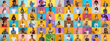 Canlı bir kolaj çeşitli pozlar ve ifadeler veren farklı insanlardan oluşan bir grup sunar..