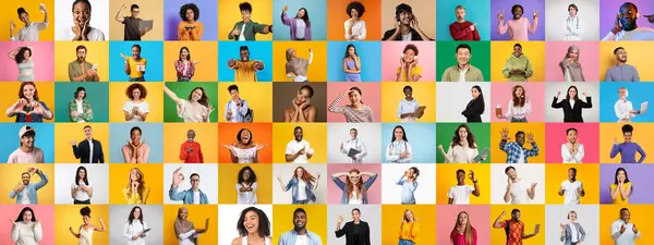 Canlı bir kolaj, farklı arkaplanlardan farklı gülümseyen ve eğlenceli pozlar veren insanlar sunar..