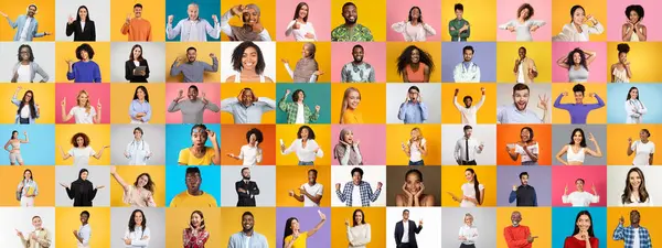 Dinamik bir koleksiyonda, benzersiz saç stilleri, giysileri ve gülümsemeleri olan çeşitli bireyler bir birlik ve kutlama hissi taşıyorlar. Renkli arkaplan hareketli pozlarına canlılık katıyor.