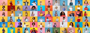 Canlı bir kolaj, çeşitli duygular ve jestler sergileyen çeşitli geçmişlerden bireyleri içerir. Her portre renkli arkaplanlara karşı birlik ve çeşitliliği vurgular.