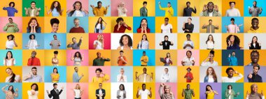 Renkli geçmişlere karşı çeşitli duygular ve jestler ifade eden farklı bireylerden oluşan canlı bir koleksiyon. Bu portre çeşitli kimliklerin ve birliğin kutlanmasını gösteriyor..