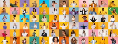 Değişik stilleri temsil eden farklı yüzlerden oluşan canlı bir kolaj. Her insan renkli arka planlara karşı neşe ve kişilik ifade eder, hayat dolu bir yaşam tarzını yansıtır..