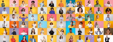 Canlı bir portre seti çeşitli duyguları ifade eden çeşitli bireyler sergiliyor..