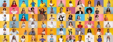 Canlı bir kolaj farklı pozlardaki farklı bireyleri ve renkli arkaplanlara karşı gülümsemeleri içerir. Her portre eşsiz bir neşe ve kültürel zenginlik ifadesi yansıtıyor..