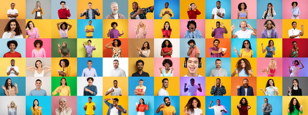 Multiracial individuals from various backgrounds pose against colorful backdrops, expressing joy and individuality. This collection highlights the beauty of diversity and connection in modern society.